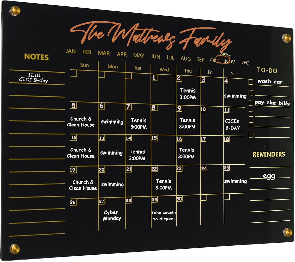 Black Acrylic Calendar Dry Erase for Wall, Family Planner, Monthly Calendar Dry Erase Whiteboard for Home, Office, 24" x 16"Reusable White Board（(Acrylic-BK-4060)