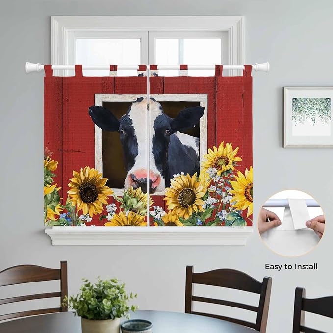 Cow Sunflowers Kitchen Curtains 45 Inch Length, Short Cafe Window Curtains Tab