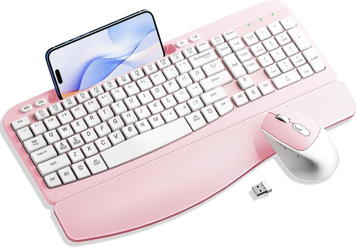 Hayyiesh Ergonomic Wave Keys Wireless Keyboard and Mouse Combo, Full Size with Memory Foam Wrist Rest & Phone Holder, 2.4G Cordless Set with USB-C Adapter for Windows Mac Desktop Laptop (Pink)