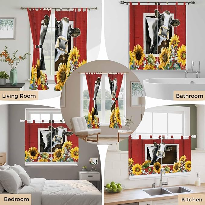 Cows Sunflowers Living Room Curtains 96 Inch Length, Window Curtains Tab Top
