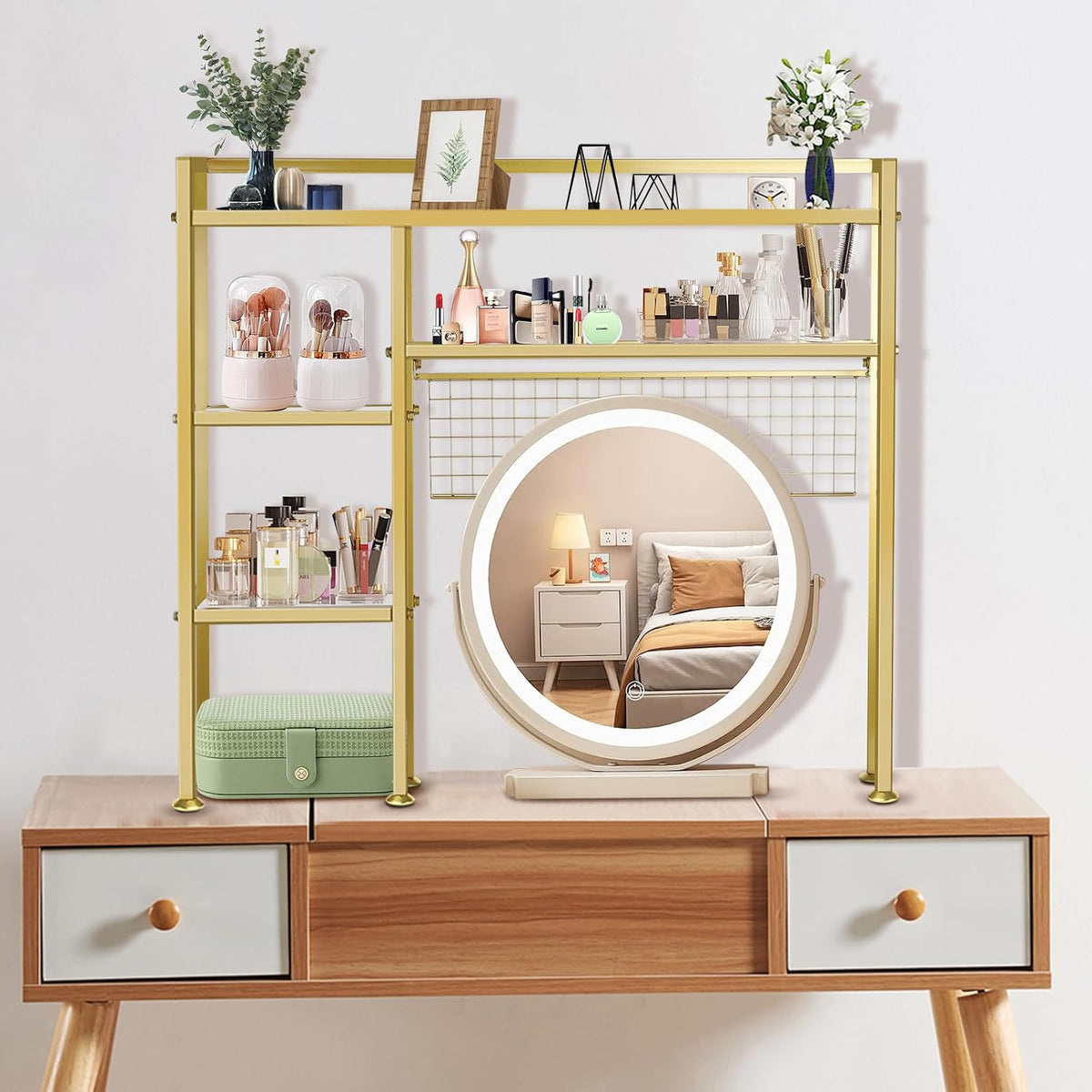 Desk Shelf with Grid Panel, 37.5" Desktop Hutch Organizer, 4-Tier Desk Bookshelf for Computer Desk, Metal & Wood Desktop Storage Rack for Home Office, Dorm, Study Desk, Gold