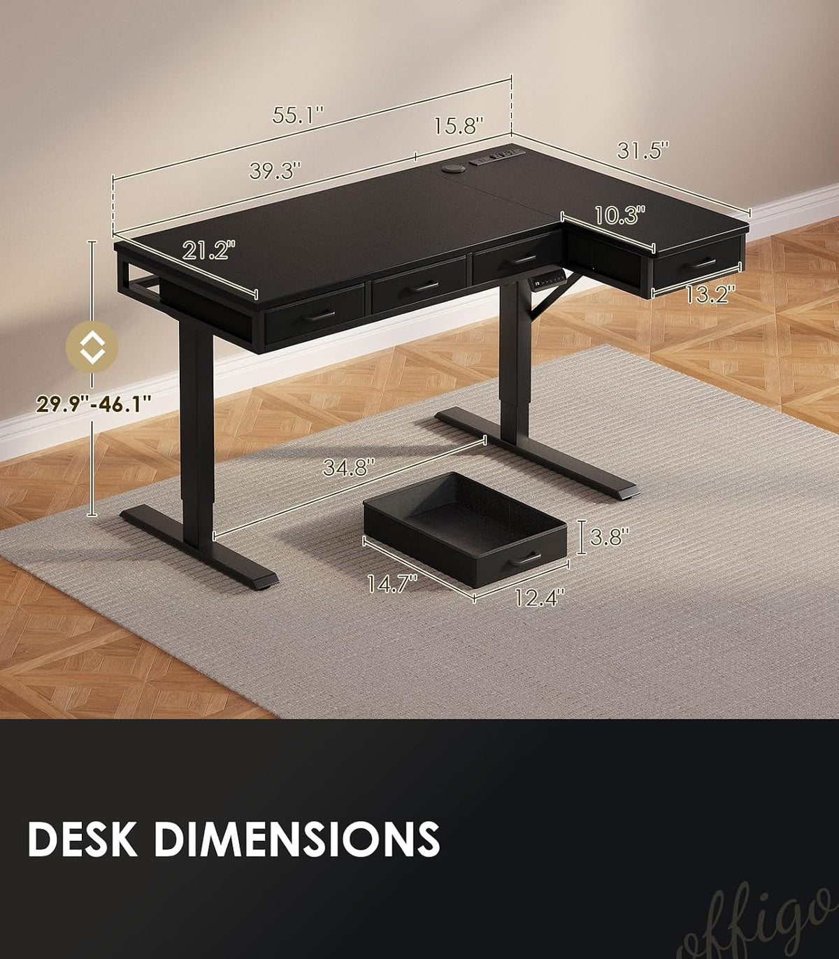 OffiGo 55 Inch L Shaped Electric Standing Desk with 4 Drawers, Black