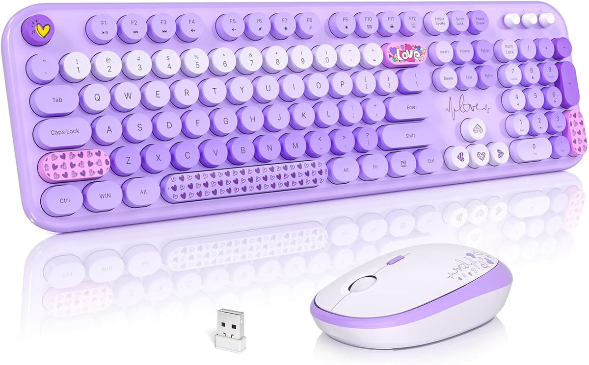 MOFII Wireless Keyboard and Mouse Combo, Cute Colorful Full Size Keyboard and Adjustable Mouse, 2.4GHz Retro Typewriter Keyboard and Mouse Set for PC/Desktop/Laptop/Windows (Purple Colorful)