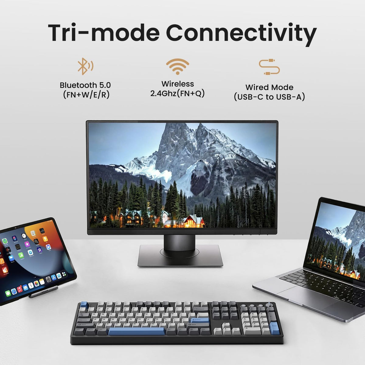 Kisnt KN104 Wireless Mechanical Keyboard, 100% Full Size with Knob, Bluetooth/2.4GHz/USB-C, Custom RGB Backlit, Hot-Swappable Linear Switch, Creamy Sound for Gaming/Typing (Carbon Black)