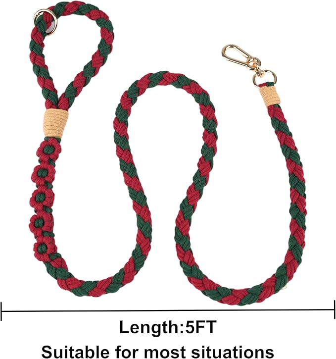 Handmade 5ft Braided Cotton Dog Leash with Unique Floral Handle, Durable and Stylish, Ideal for Small to Large Dogs, Blue & Yellow Twist (Yuletide Petals)