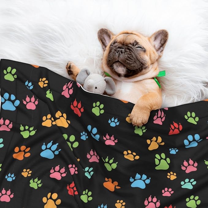 Two Sided Plush Pet Blanket for Crates Carriers Home Use, Pink Red Blue Green Dog Pug Paws, Reversible Throw with Cozy Dot Fabric and Silky Reverse for Small Large Pets