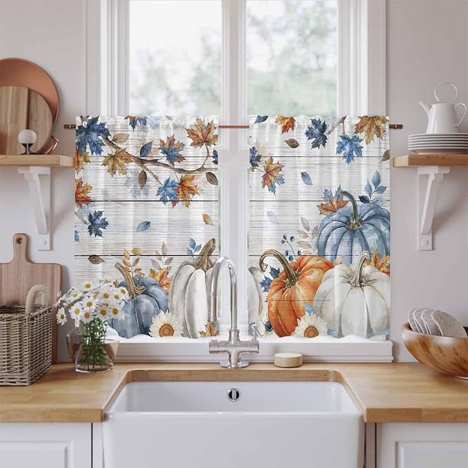 Thanksgiving Pumpkin Kitchen Tier Curtains 45 Inch Long 2 Panel Set, Rod Pocket