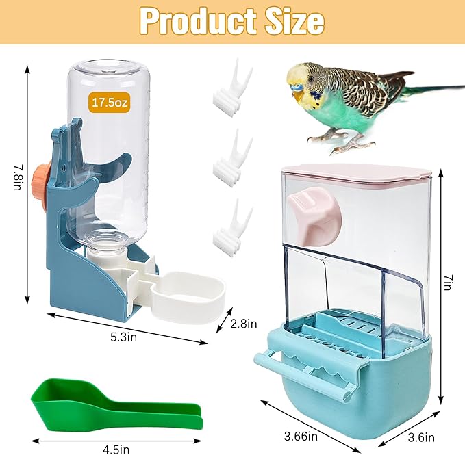 BNOSDM Automatic Bird Feeder Water Dispenser Set No Mess Bird Cage Feeders Parrot Cage Accessories Transparent Seed Food Container with Perch for Finches Parakeets Budgies Lovebirds Canaries (Blue)