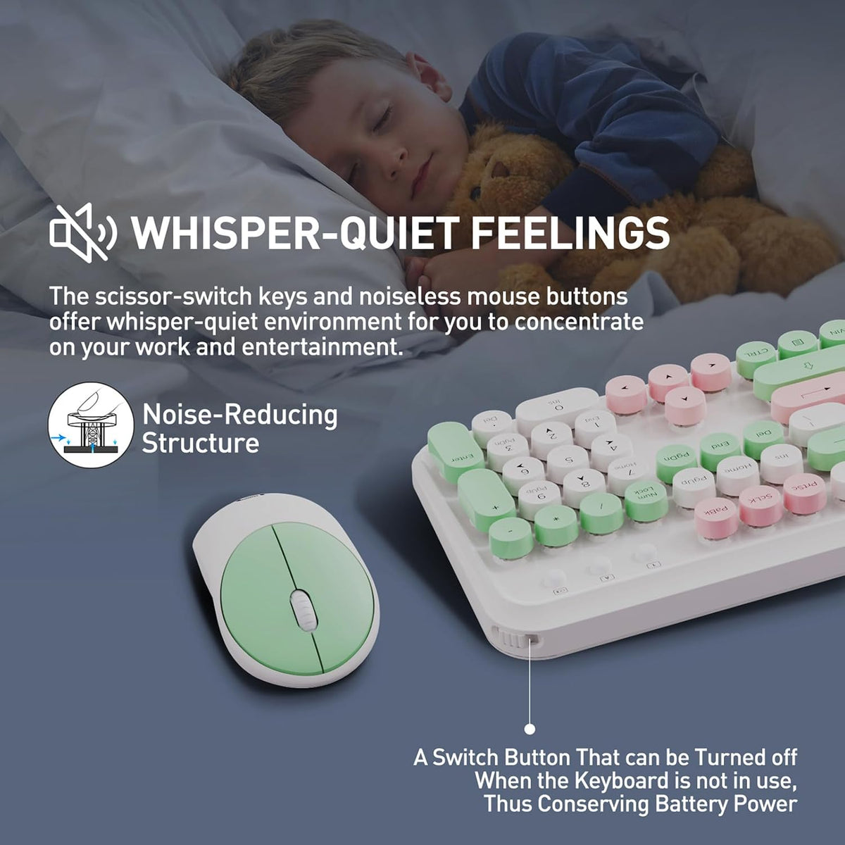 FD 2.4GHz Wireless Keyboard and Mouse Set with Switch Button - Full-Size Keyboard - Compatible for Windows/Laptop/PC/Notebook/Smart TV and More - Milky White Green Colorful