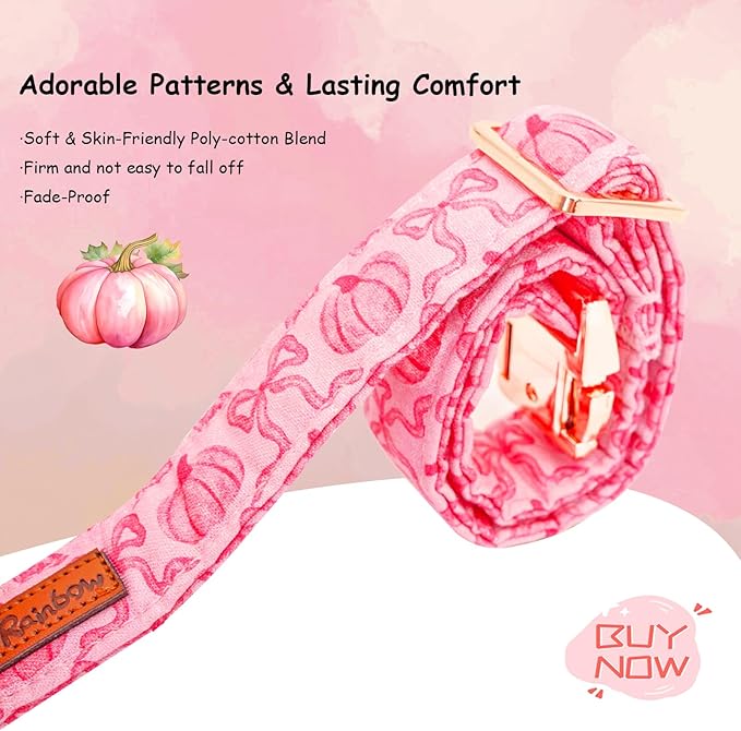 Dog Collar, Pink Pumpkin Print Adjustable Pet Collar Cute Cotton Soft Collars with Bow Tie Fall Metal Buckle Holiday Puppy Collars Boy&Girl Gift for Small Dogs