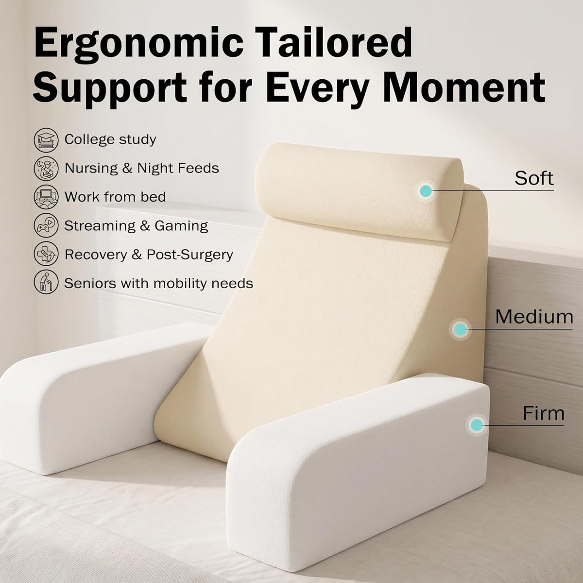 ENITYA 19" Reading Pillow for Bed with Firm Back Support & Big Pockets