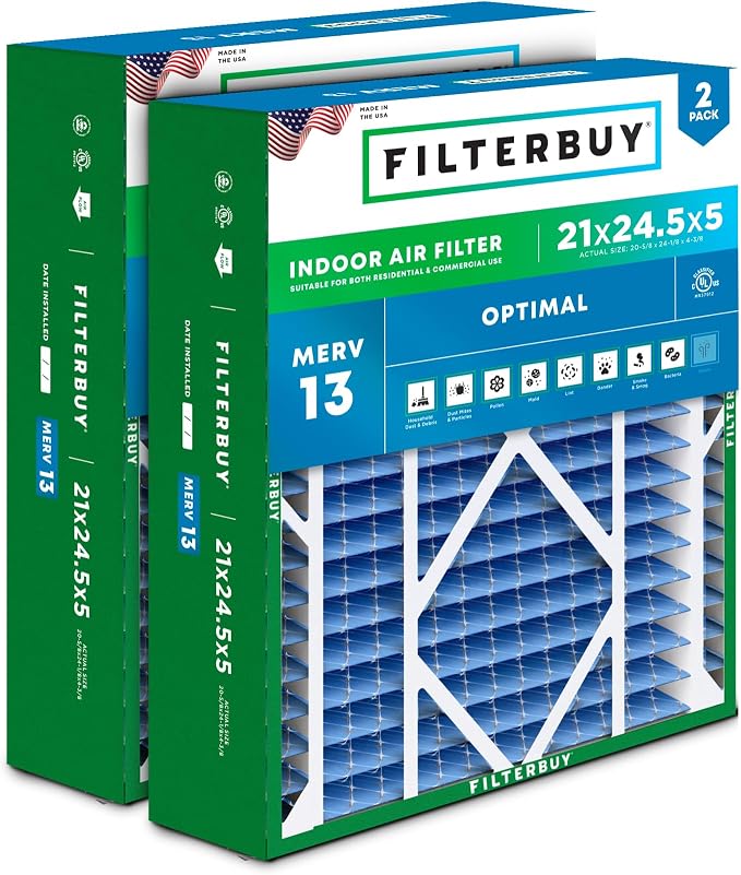 Filterbuy 21x24.5x5 Air Filter MERV 13 Optimal Smoke & Allergy Defense