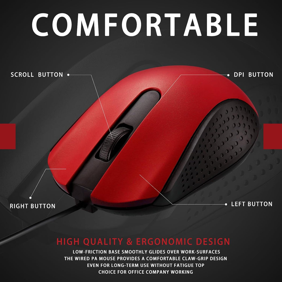 Bonuci 30 Pack Computer USB Wired Mouse Bulk 3 Button 800/1200 DPI Red
