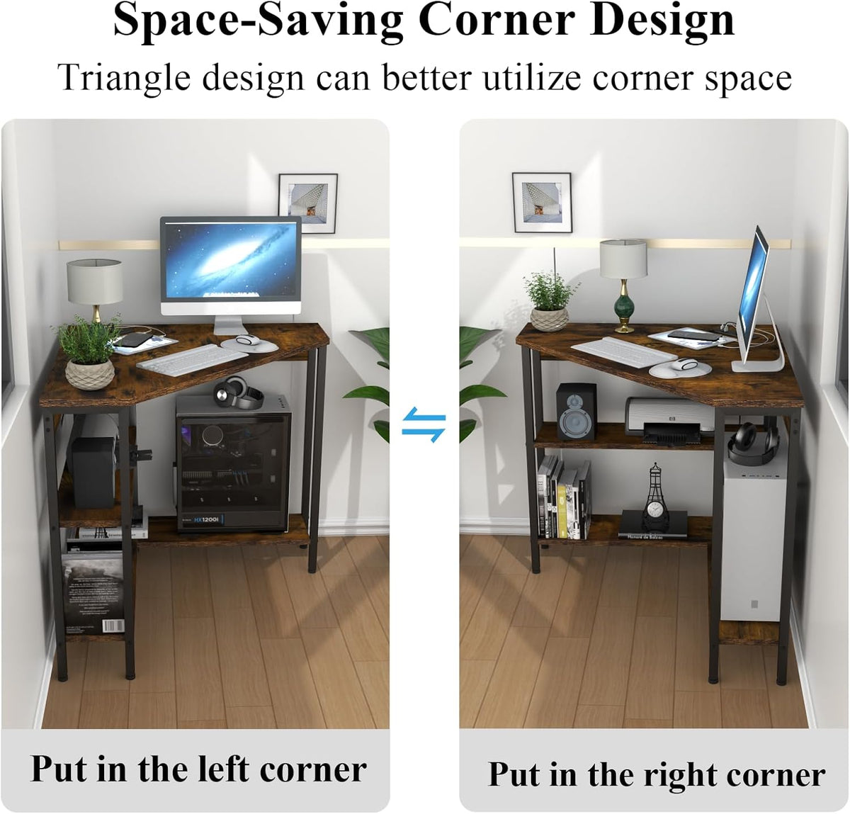 Triangle Corner Desk with Power Outlets, Storage Shelves for Small Space
