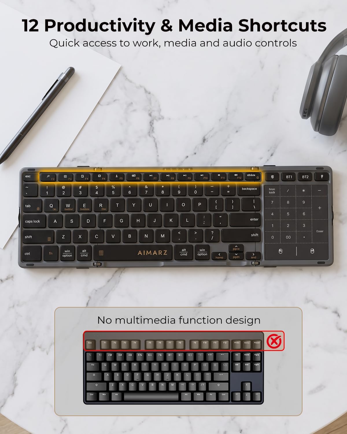 AIMARZ AF01 Foldable Keyboard, Full-Size Keys, Touchpad/Number Pad, Black