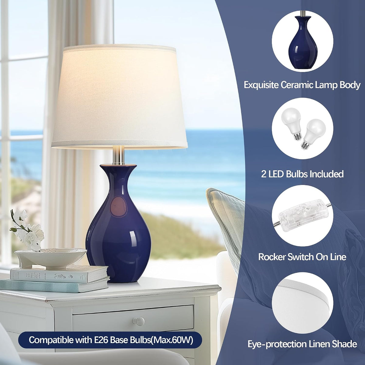 PARTPHONER Table Lamp Set of 2, Modern Ceramic Bedside Lamps for Night Stands, Classic Small Lamp Nightstand Lamp for Bedroom Living Room Desk End Table Rocker Navy Blue