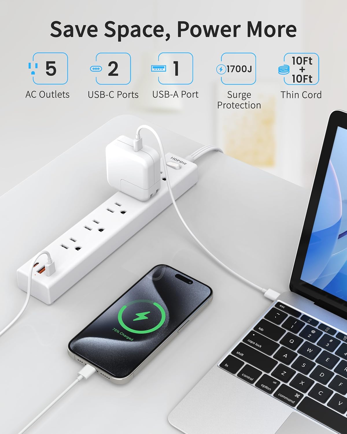 2 Pack Surge Protector Power Strip, 5AC&1A2C, 10FT Flat Plug Extension Cord