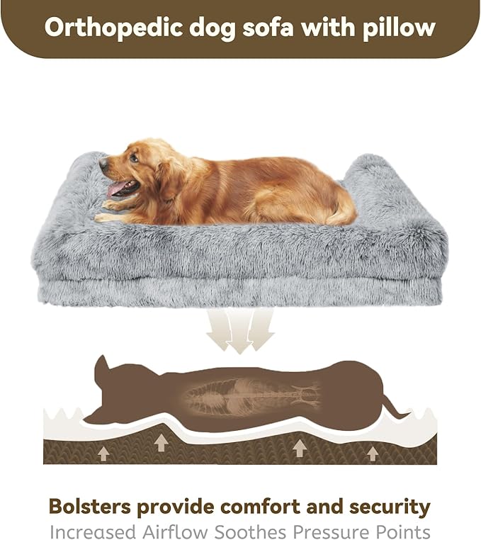 Orthopedic Dog Bed for Extra Large Dogs Breeds, Dog Sofa Beds with Pillow,High Density Egg Crate Foam Dog Beds,Waterproof Deluxe Plush Couch Dog Bed with Removable Washable Cover
