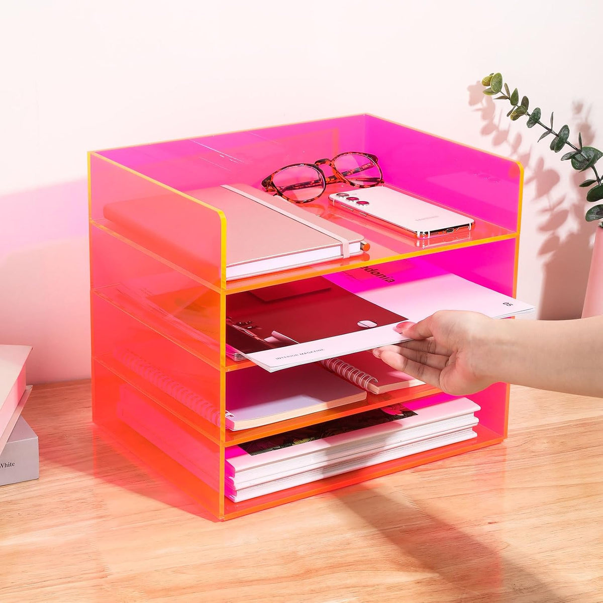 Gelite Acrylic File Organizer for Desk 4 Tiered Stackable Letter Tray Office Paper Storage Desktop Document Sorter, Neon Pink