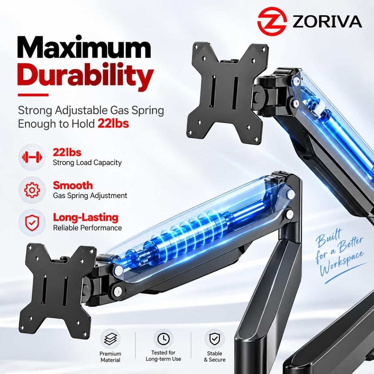 Dual Monitor Arm Full Motion Gas Spring Desk Mount for 13-34" Screens, Space-Saving VESA Stand for Gaming, Work, and Productivity