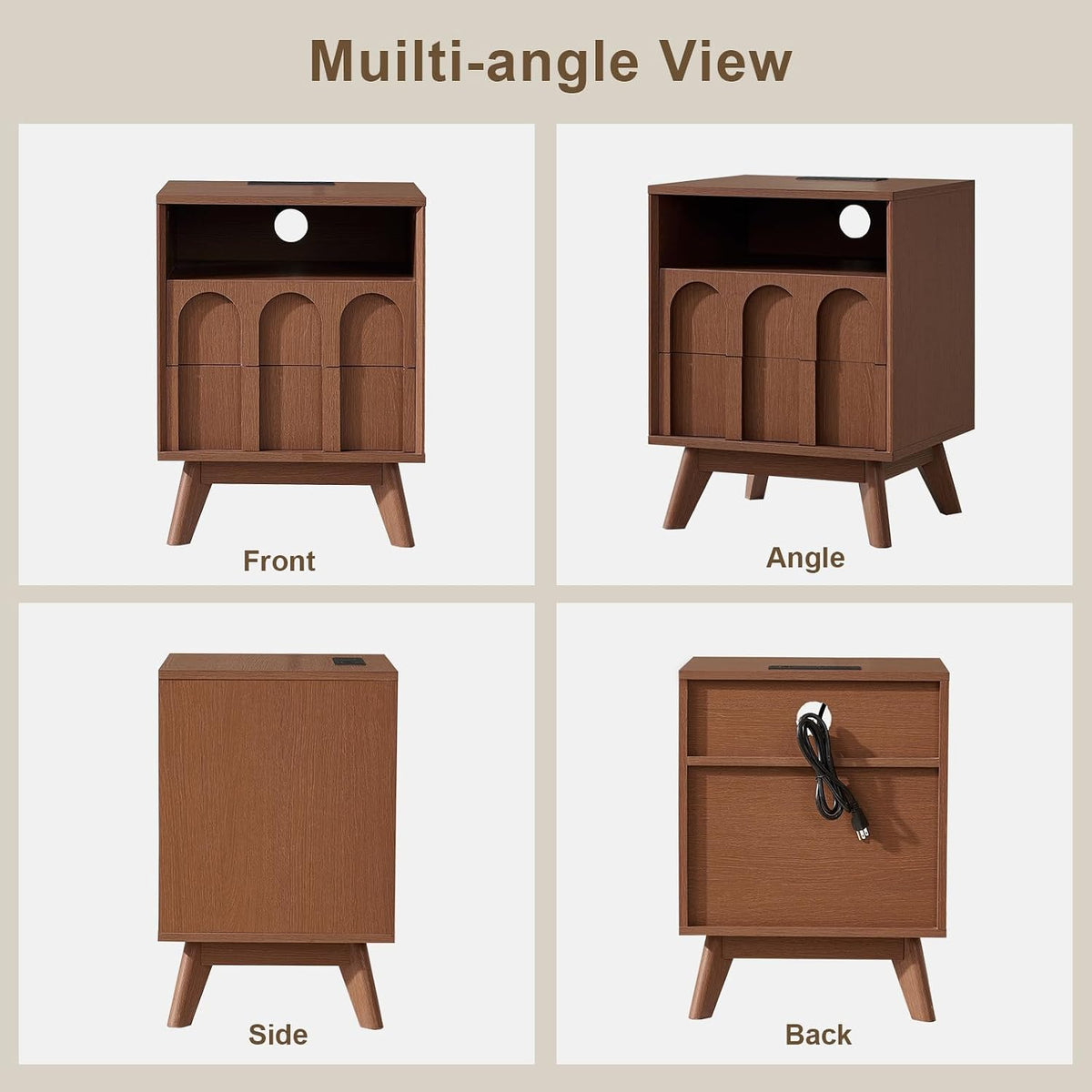 Oak&Sparrow Mid Century Modern Dresser for Bedroom, Walnut 2 Drawer Dresser with Arched Front, Open Shelf, Charging Station, 18.3'' Wide Storage Organizer