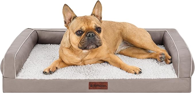 Furhaven Cooling Dog Sofa Bed – Memory Foam Couch with Bolsters, Textured Plush & Water-Resistant Cover, Washable Cover - Greige, Medium