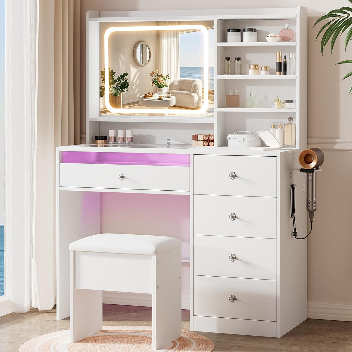 LIVELYGLOW 39.4" White Vanity Desk Set with Glass Desktop & RGB Light Strip