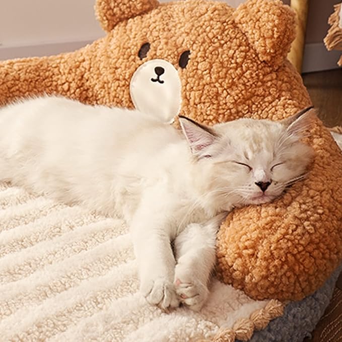 Cat Bed, Cute Bear Hug Design Dog Cat Beds Cuddler Bear Plush Pet Beds, Warm Soft Soothing High Backrest Dog Beds for Medium Small Dogs Puppy Kitty (Little Bear)