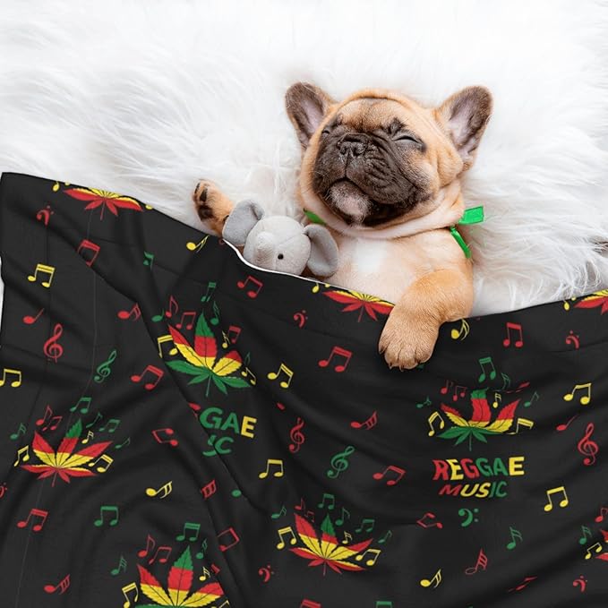 Double Sided Plush Pet Blanket for Small Large Animals, Rasta Reggae Music Note Weedleaf Leaf, Reversible Throw with Dimpled Dot Side and Flat Side for Kennels Living Rooms