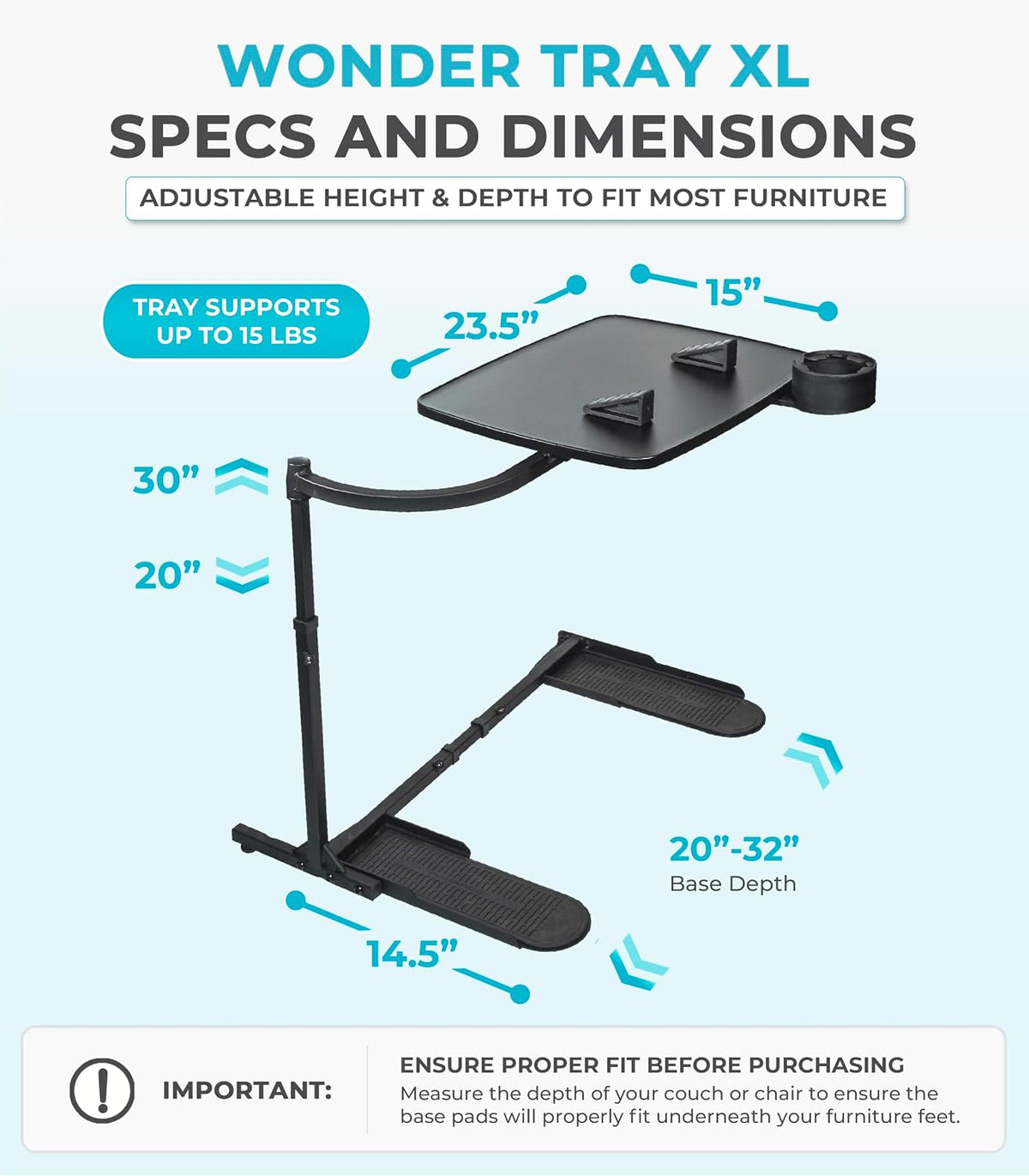 Stander Wonder Tray, Adjustable Swivel Table, Extra-Large Computer Stand, Couch Desk & Gaming Bench, TV-Trays for Eating on Couches, Chairs, Recliners with Laptop Wedges and Cup Holder, XL, Black