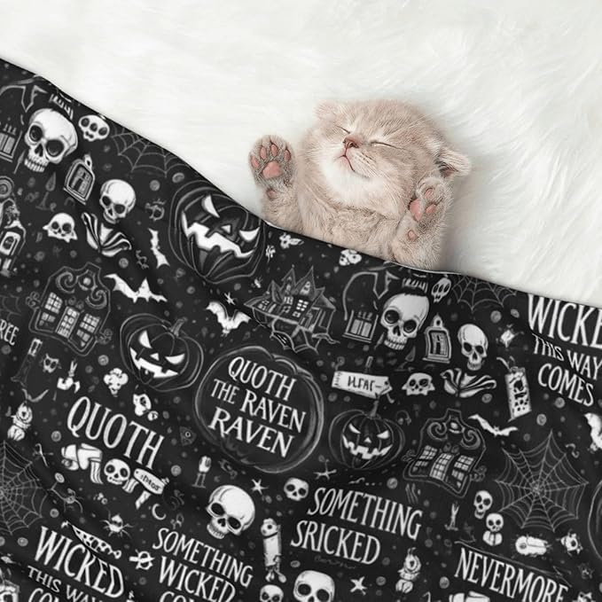 Dog Cat Blanket Double Sided, Halloween Witchcraft Witch Pumpkin Spider Web Bat Raven Magic Board Spirit Skull Skeleton Vintage Black, Plush with Raised Dot Pattern and Smooth Reverse for Cuddling