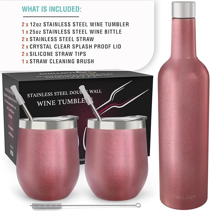 CHILLOUT LIFE 12 oz Stainless Steel Wine Tumblers 2 Pack & 1 Insulated Wine