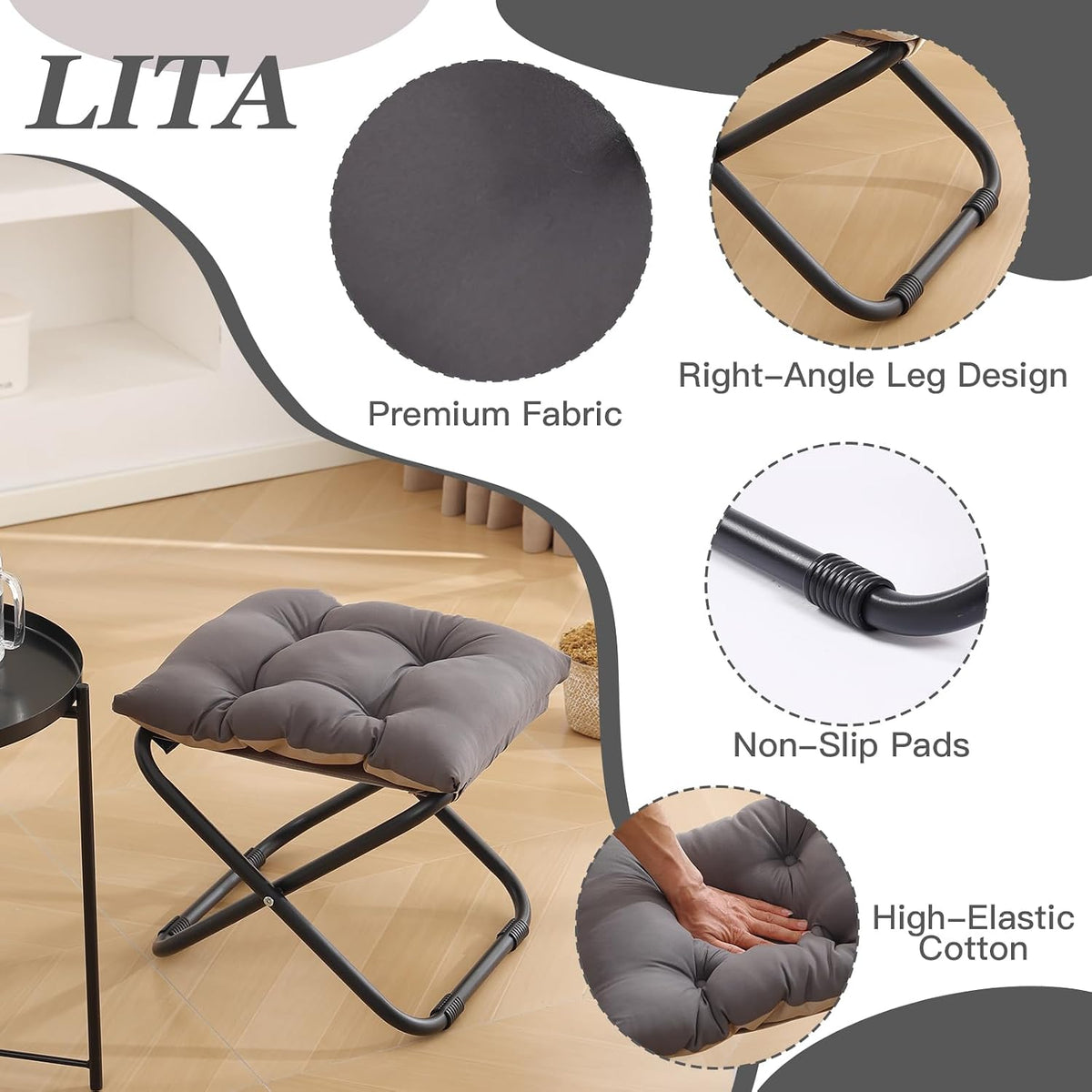 LITA Folding Ottoman, Upholstered Folding Foot Rest Stool for Living Room