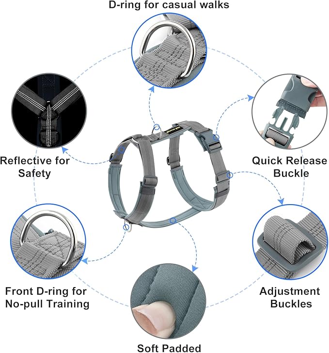Plutus Pet No Pull Dog Harness, Adjustable Nylon Harness with Soft Padding, Reflective and Heavy Duty Dog Harness for Small, Medium, Large Dogs(Gray, XS)