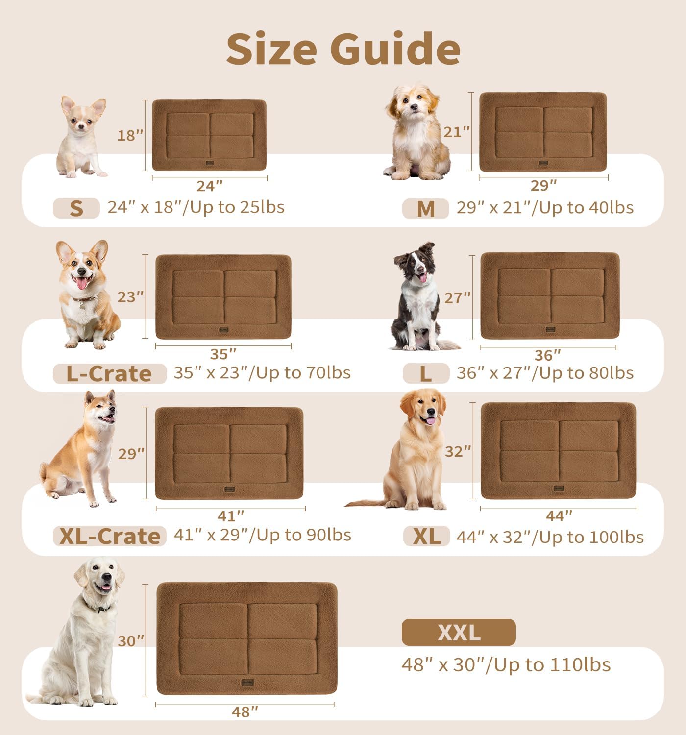 Made4Pets Dog Crate Pad Bed for Small Dogs, Washable & Reversible, Anti-Slip Kennel Mat for Cozy Sleeping, Soft Fluffy Dog Bed for Indoor & Outdoor Use, 24"x18", Brown