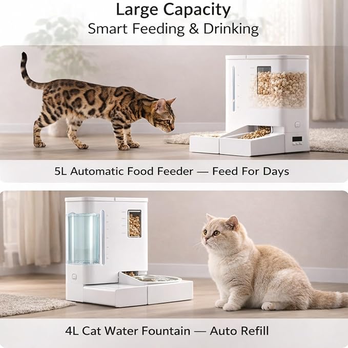Waithem Wi-Fi Automatic Pet Feeder and Waterer for Cats&Dogs, 2-in-1 Set 5L Large Capacity for 2 Weeks, Intuitive App Operation, 2 Way Power Supply, Detachable for Cleaning