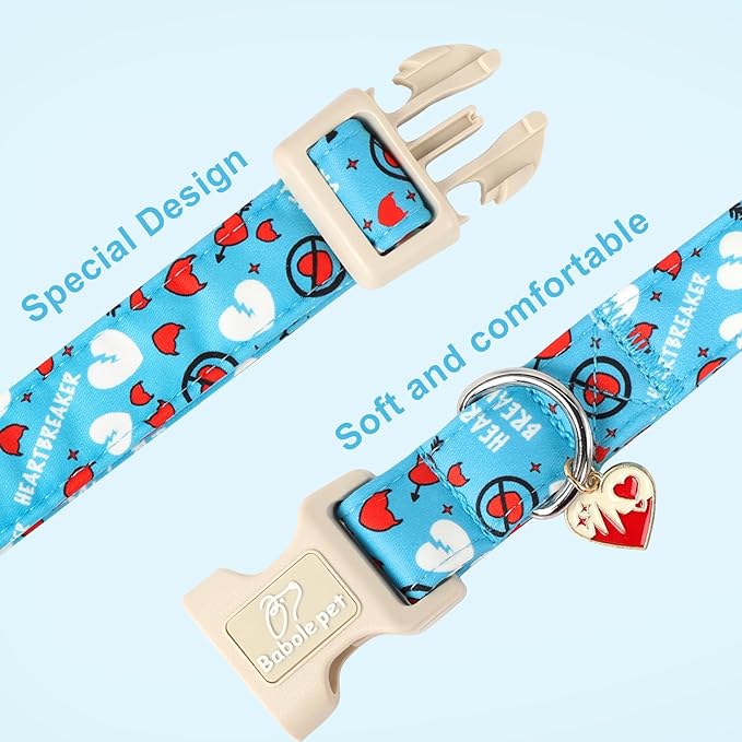 Valentines Dog Collar, Blue Heart Dog Collar, Cute Loving Heart Printed Collar with Quick Release Plastic Buckle for Boys&Girls Dogs, Small