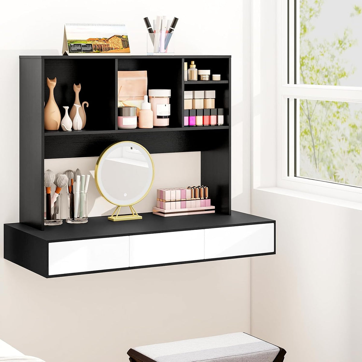 GOFLAME 4 Cubes Desktop Bookshelf, 37” Tabletop Wood Desk Shelf for Computer Monitor, Modern Countertop Desk Display Hutch Storage Organizer Shelf for Home Office, Dorm, Study, Black