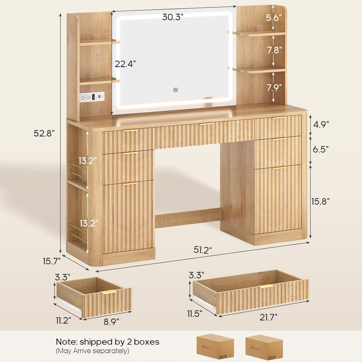 HAUOMS 51.2" Fluted Makeup Vanity Desk with Large Mirror and Lights, Oak