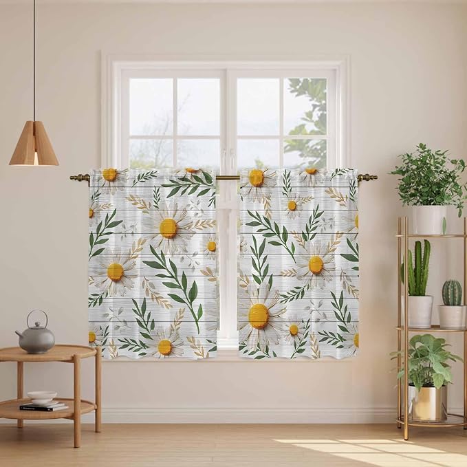 Spring Daisy Kitchen Curtains, Farmhouse Country Flower Leaf Plant Wood Grain