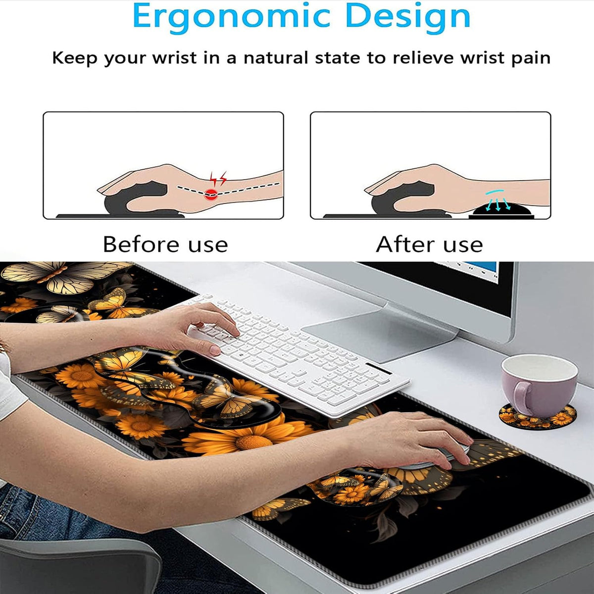 Keyboard Mouse Pad Set,Large Mouse Pad+Keyboard Wrist Rest+Wrist Support+Coaster,31.5x11.8in Extended Desk Mat for Computer Laptop Office Home- Flower Butterfly