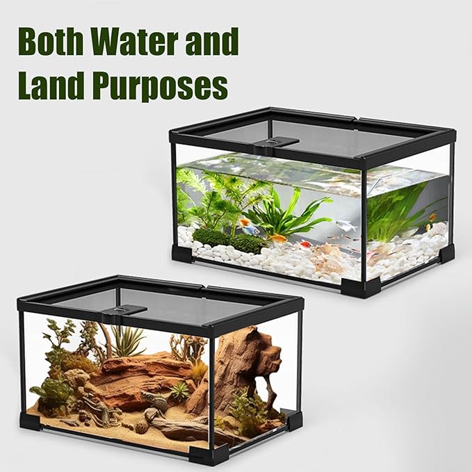 Small Reptile Glass Terrarium Tank: 2.5 Gallon Enclosure Cage with Lockable Top Opening Aquarium Habitat for Crested Gecko, Lizard, Snake, Chameleons, Turtle, Tarantula, Tree Frog (12"x8"x6")