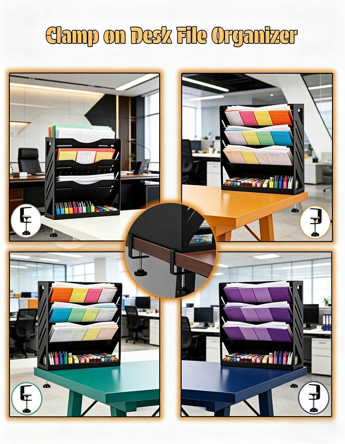 Yuxh 13" 4-Tier Clamp-On Desk Shelf, Metal File Organizer