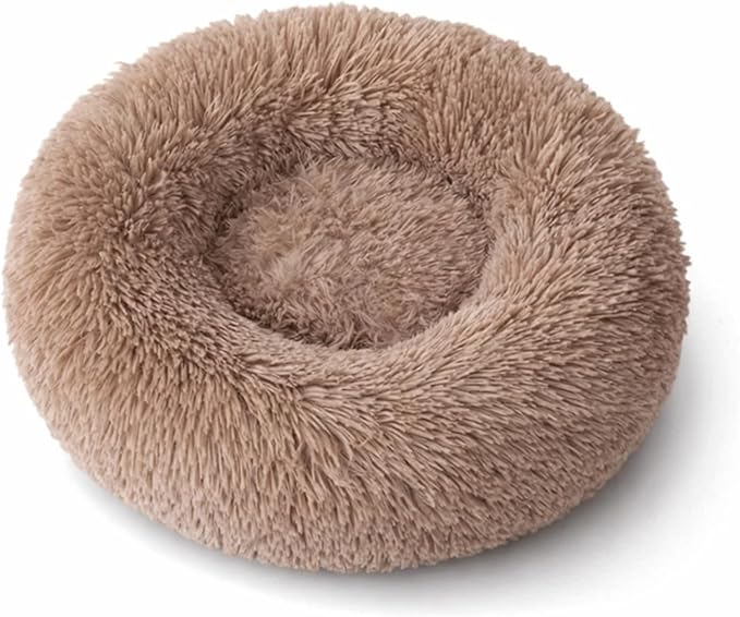 SALAN Calming Donut Dog Bed for Small Dogs and Cats, 16 Inch Round Plush Faux Fur Pet Bed, Washable Fluffy Self Warming Anti Anxiety Cuddler Bed for Puppy, Kitten, Indoor Cats (Khaki)