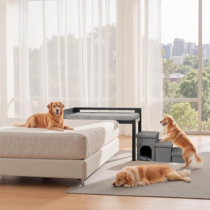 Bedside Dog Bed with Mattress - Raised Wooden Pet Cosleeper with Guardrail, Removable Mattress & 3-Step Foldable Stairs, Freestanding Bassinet-Style Elevated Dog Bed for Large Sized Dogs
