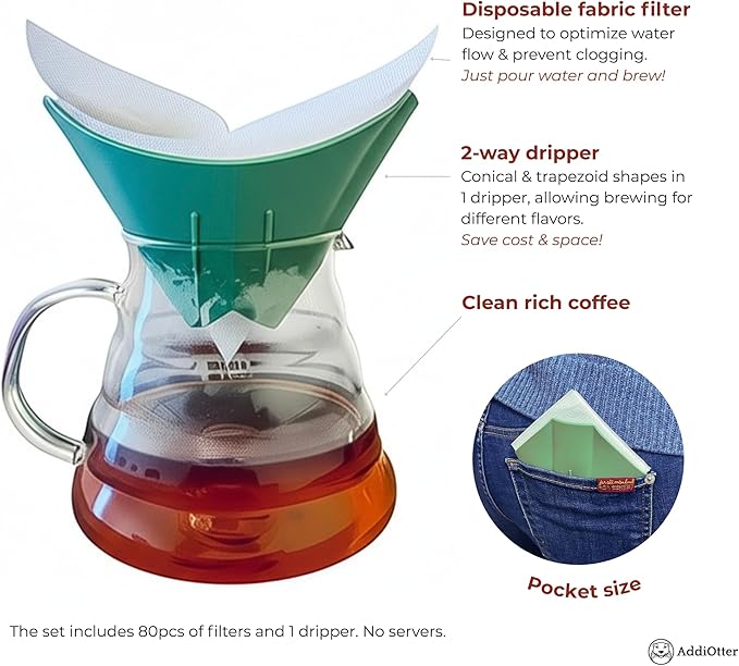 Pour-over Coffee Set for Home/Outdoor Adventures, Includes 80 Disposable Fabric