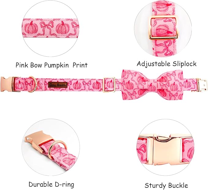 Dog Collar, Pink Pumpkin Print Adjustable Pet Collar Cute Cotton Soft Collars with Bow Tie Fall Metal Buckle Holiday Puppy Collars Boy&Girl Gift for Medium Dogs