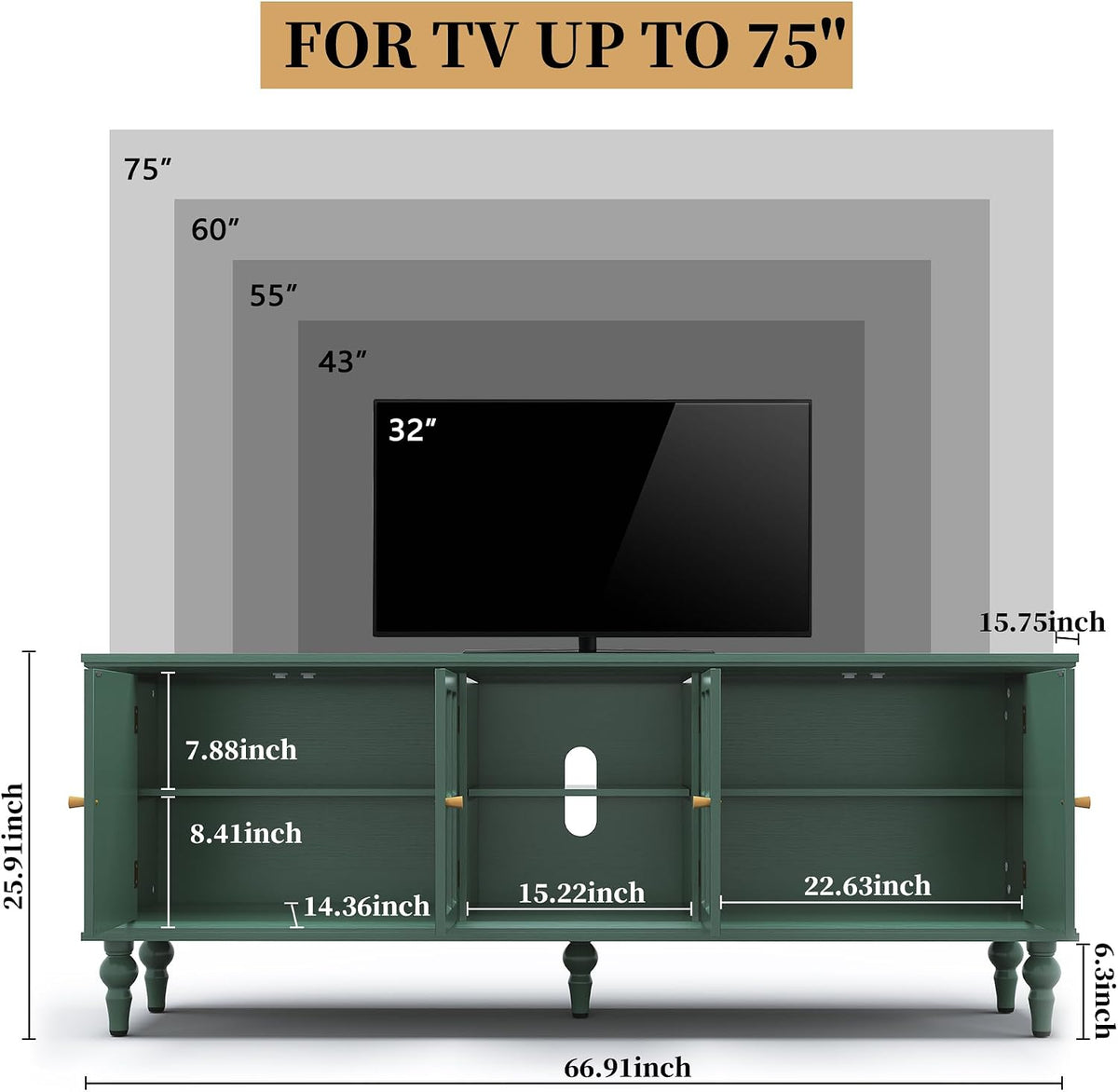 3More 67" Mid Century Modern TV Stand with Window Design, Green
