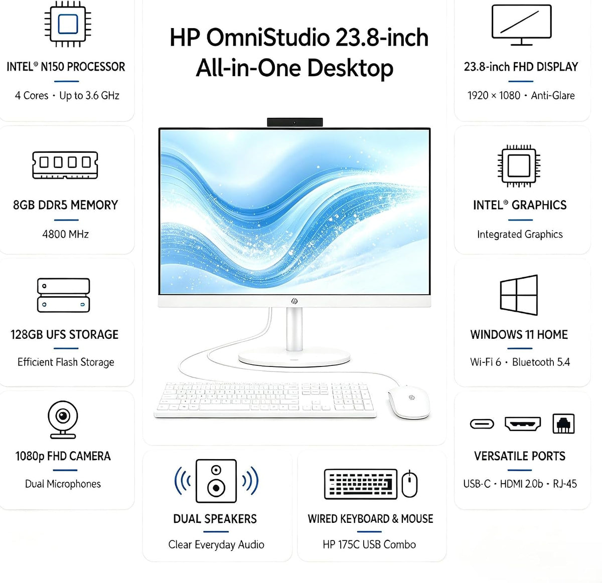 HP OmniStudio All‑in‑One Desktop, 24‑Inch Full HD Display, Intel N150 Quad‑Core CPU, 16GB DDR5 RAM, 128GB UFS Storage, WiFi 6, Bluetooth 5.4, Wired Keyboard & Mouse, Windows 11, Cashmere White