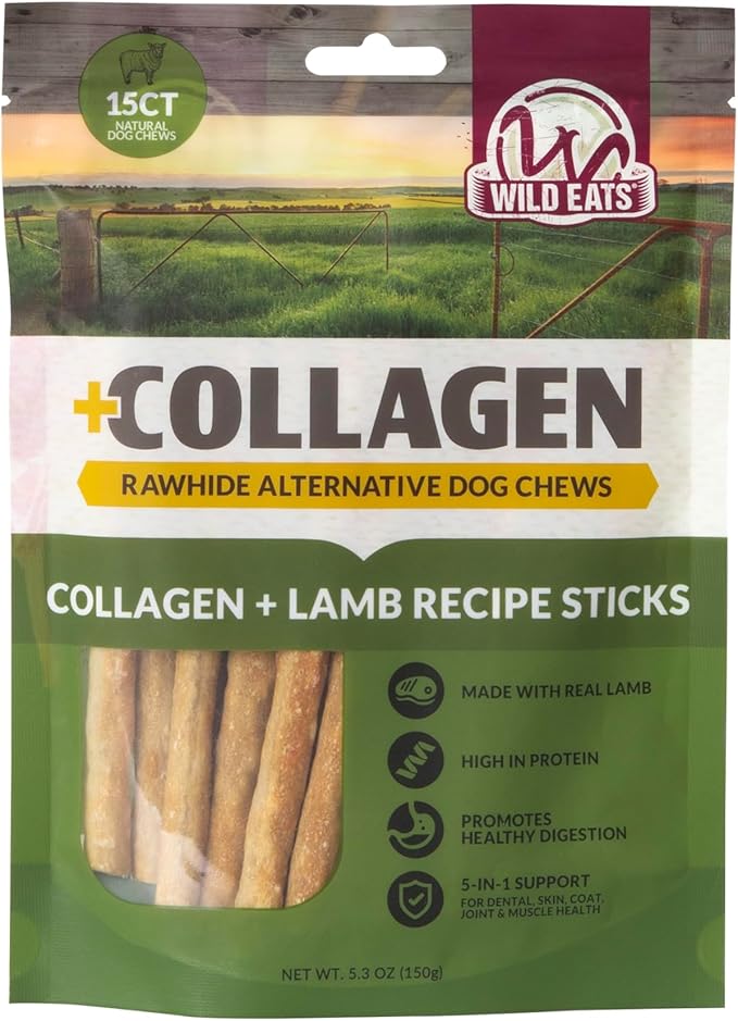 Wild Eats Lamb Collagen Sticks for Dogs (15 Pack, 1 cm Wide) Long Lasting Dog Chews No Hide Dog Treat Bully Stick Alternative, Rawhide Free, Grain Free, High Protein
